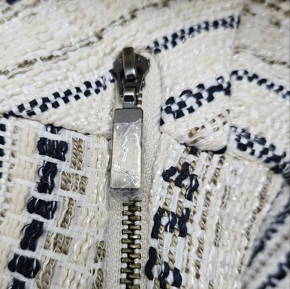 Chico's Cream and Black Striped Knit Zip Jacket